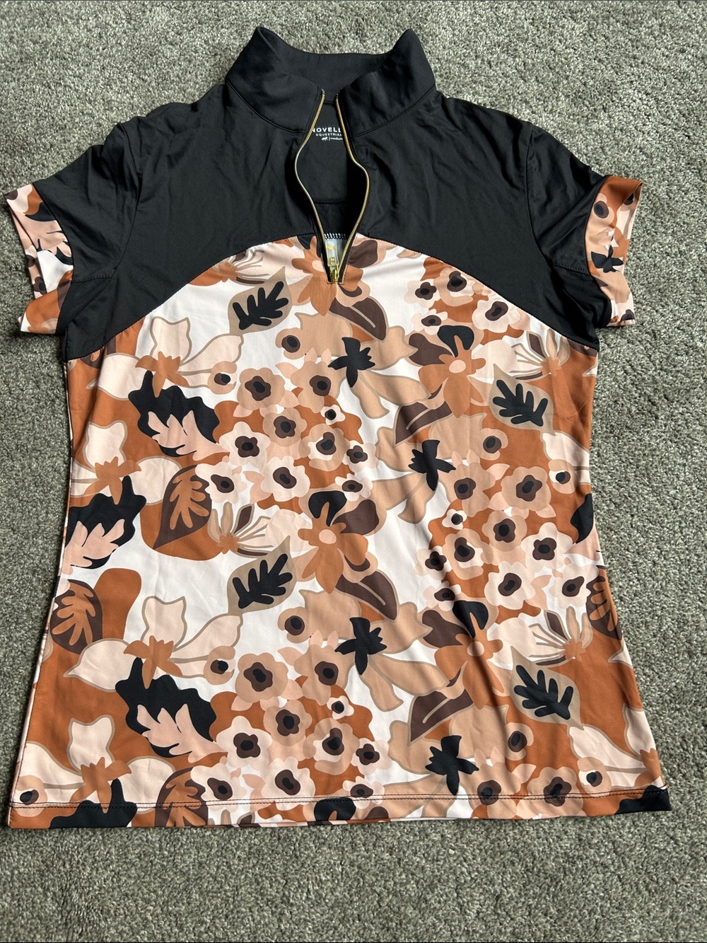Novella Royale Women’s Short Sleeve Floral Zip Mock Tee - Black & Brown